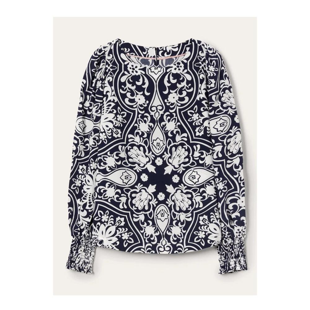 Boden Navy Blue Floral Paisley Long Sleeve Smocked Cuff Blouse Sz.6 NWT - Picture 4 of 16